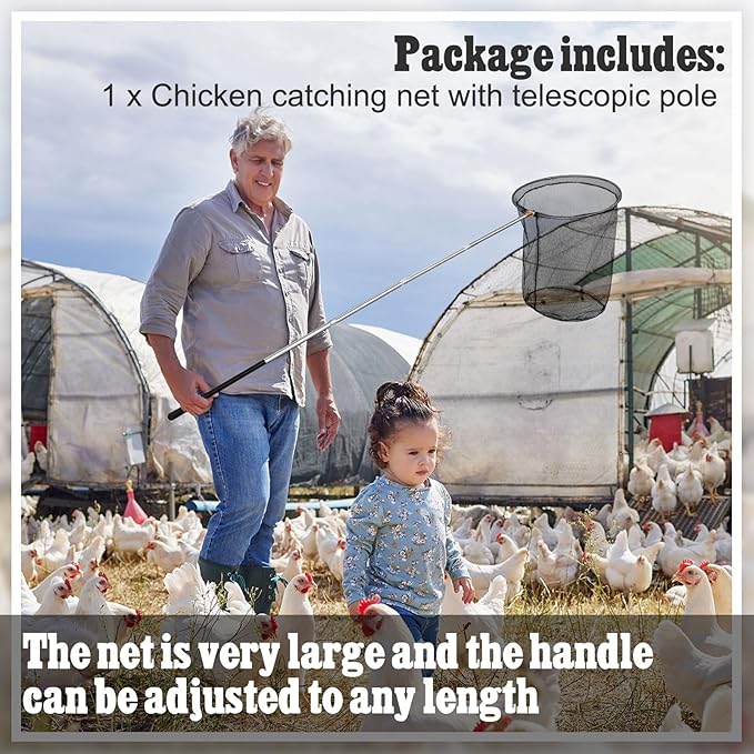 Windyun Chicken Catcher Poultry Catch Net with Stainless Steel Telescopic Pole for Outdoor Poultry(15.75 x 17.72 Inch Net with 4.92 ft Pole)