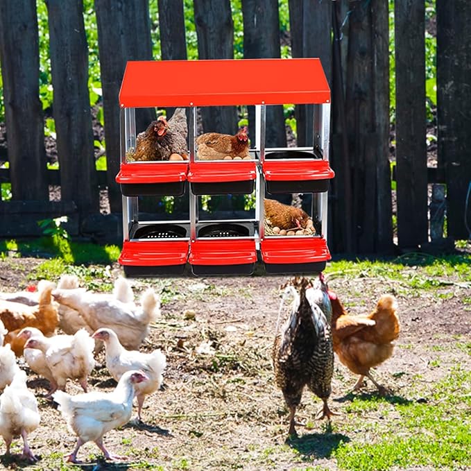 6 Compartment Metal Chicken Nesting Box – Roll Away Egg Laying Box with Lid Cover, Easy Egg Collection, Wall Mount Hen Roosting Box – Red (Without Bracket Legs, 6 Compartment Egg Laying Box)