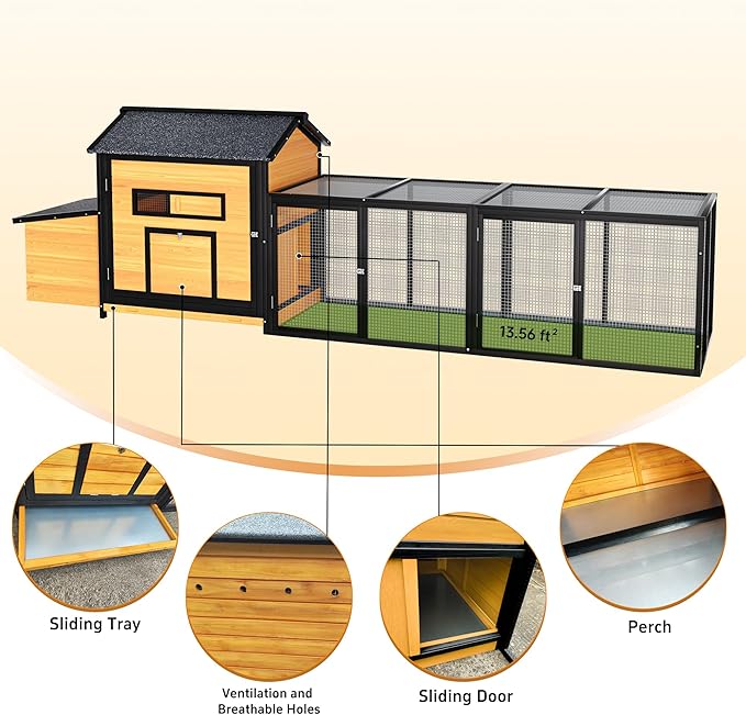 118'' Large Chicken Coop with Run, Wooden Duck Hen House for 3-5 Chickens, Outdoor Chicken Run Poultry Rabbit Cage with Nesting Box, Free-Range Door & Pull-on Tray Black