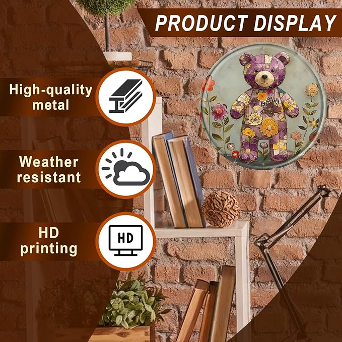 Bear Round Metal Tin Sign Wreath Farm Flowers Rustic Vintage Wall Art Decor for Home Garden Porch Yard Farmhouse Outdoor Decor 12x12inch