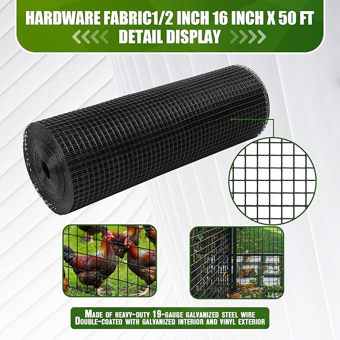 Black Hardware Cloth 1/2 inch 16inx50ft 19 Gauge Galvanized After Welding Chicken Wire Fencing Roll Welded Metal Wire Mesh Roll for Garden Fence and Home Project