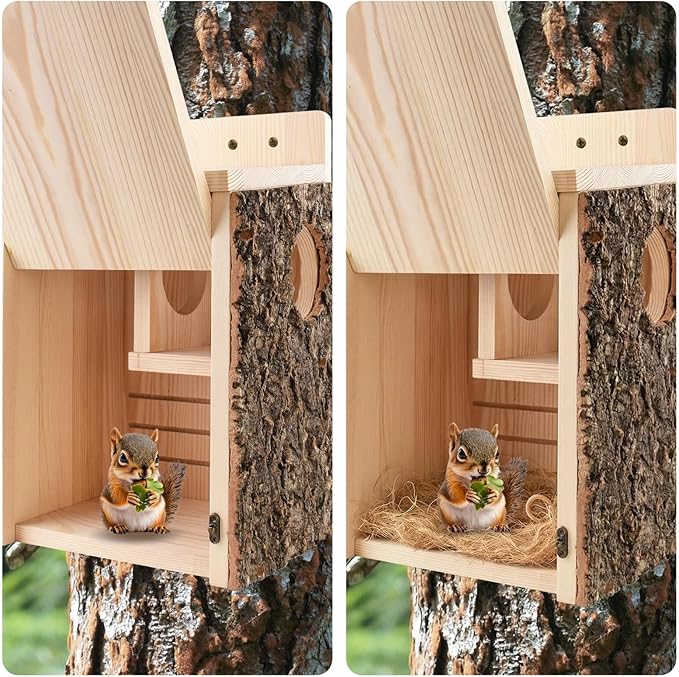 Large Squirrel Nesting Box with Predator Guard - Easy Assembly Squirrel Houses for Outside Nesting, Wooden Nesting Box for Squirrels,Chipmunk,Bird and Small Animals