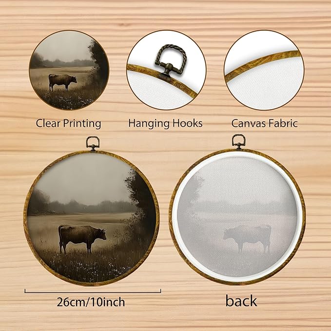 Hiuwevt Vintage Moody Cow Round Wall Art Decor, Dark Academia Cow Framed Canvas Prints, Rustic Cottagecore Farm Animal Round Wall Hanging Decor for Home Bedroom Living Room Decorations, 10x10 Inches