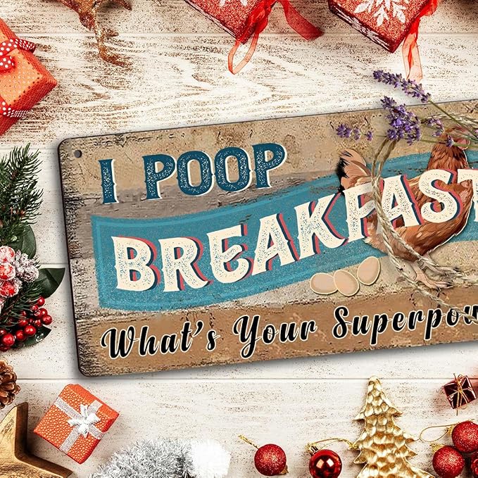 Funny Chicken Coop Signs Decor - I Poop Breakfast What's Your Superpower Sign - Outdoor Chicken Coop Decorations, Gifts for Women - Wooden Wall Art (6x12 Inch Rustic Farmhouse Kitchen Decor)