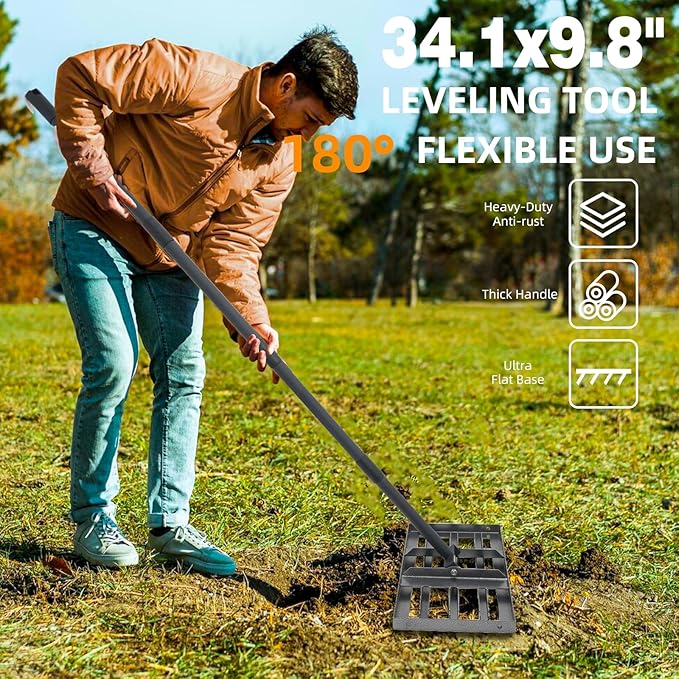 Lawn Leveling rake 17"x9.4" Levelawn Tool with 70.5" Adjustable Long Handle Heavy Duty Landscape Leveling Rake Lawn Leveler Yard Tool for Backyard, Golf Course, Garden, Pasture, Farm