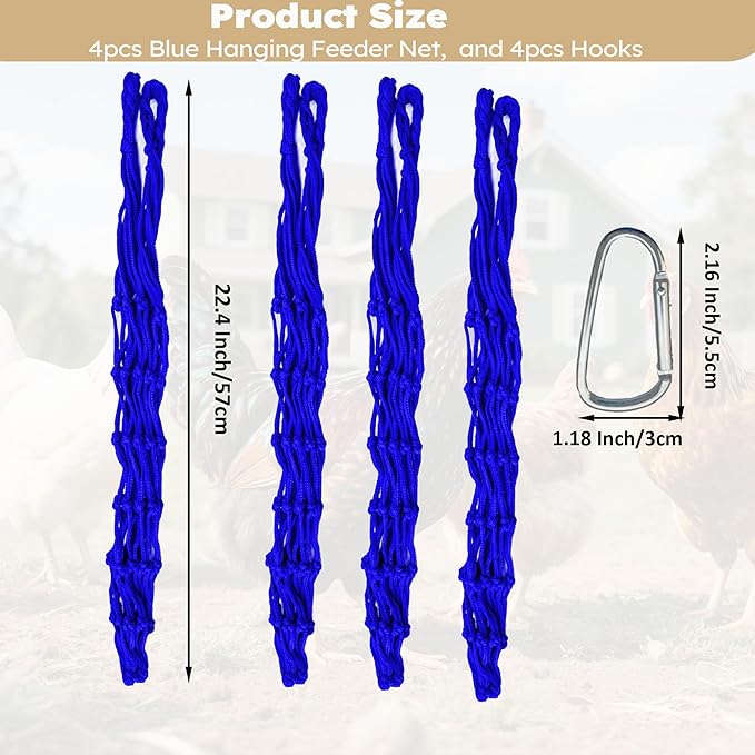 Chicken Vegetable Fruit Hanging Feeder 4Pcs, Reusable String Bag with Hook for Chicken Coop Toys, Poultry Feeding Tool for Hens,Duck,Goose (Blue)