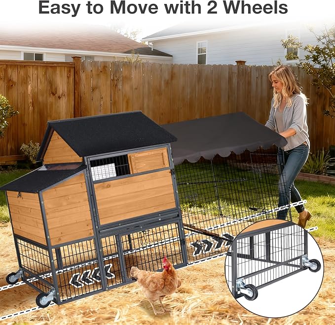 85.6" Chicken Coop with Wheels and Large Run, Heavy Duty Metal Frame Wooden Hen House for 4-6 Chickens, Mobile Poultry Cage with 3 Nesting Boxes, Waterproof Asphalt Roof & Anti-Predator Locks