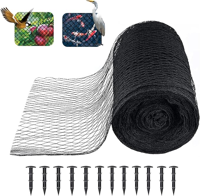 Koi Pond Netting Kit 28 x 30 ft,Black Pond Netting for Koi Ponds Heavy Duty Woven Pond Net for Leaves Reusable Pool Protective Cover Netting Protecting Koi Fish from Birds, Cats and Predators