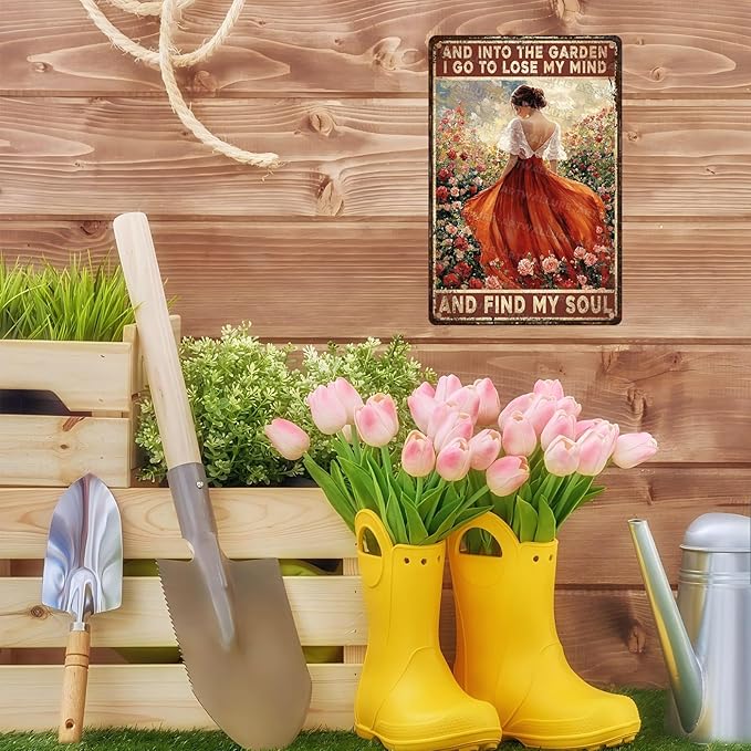 Garden Sign “And Into The Garden I Go” - Vintage Metal Tin Sign for Patio Yard Porch Outdoor Decor & Gardening Gift 8x12 Inch