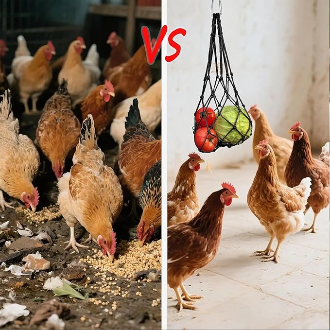 2PCS Chicken Vegetable Hanging Feeder Bags, Reusable String Bag Net Hanging Feeder for Chickens Ducks Coops Toy, Enrichment Toys, Treat Holder, No Waste Poultry Accessory(Black)