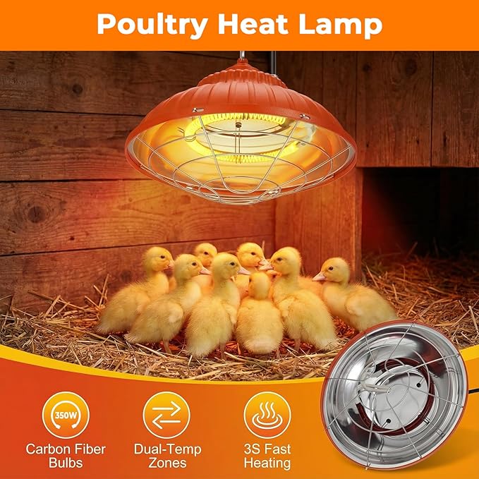 350W Chicken Coop Heater, Adjustable Height Hanging Heater for Poultry, Dual-Mode Heat Lamp for Chickens Brooder Heater Bulb for Chicks & Pet House, 3S Fast Heating (Orange)