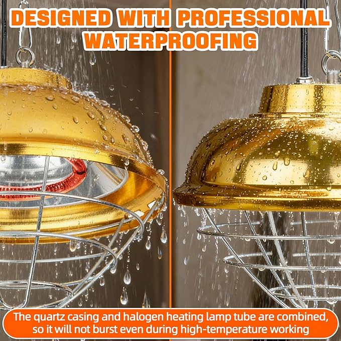 FHTONGE Waterproof Explosionproof Chicken Coop Heater Lamp 150W/300W Adjustable, Aluminum Chick Brooder Heating Light, Hanging Halogen Heated Lamp for Reptile Outdoor Rabbit Dog Cat Whelping Box
