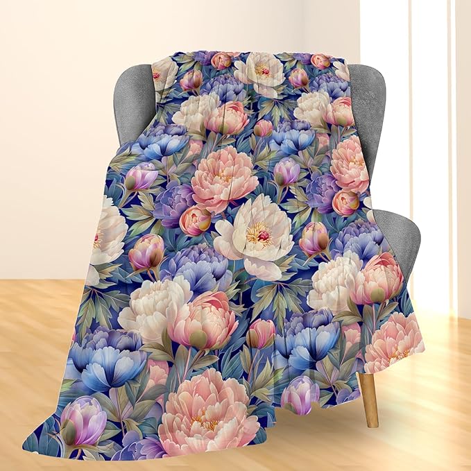 Elegant Peony Blanket, Soft Lightweight Flannel Pink and Purple Floral Throw for Couch, Bed, Travel, Living Room & Home Decor, Cozy Warm Fuzzy Blankets for Adults Women Girls 60×50 in