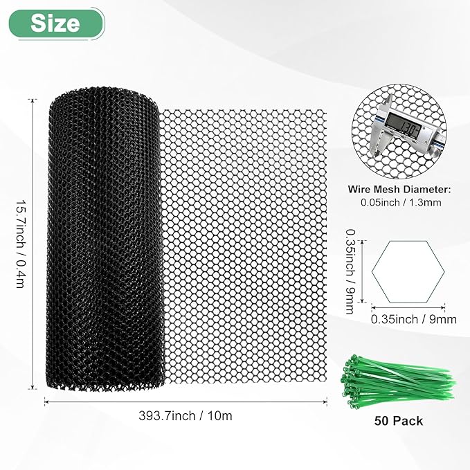 1-Pack Floral Chicken Wire Mesh, 15.7 in x 33 ft Plastic Hexagonal Chicken Wire Fencing with 50 Garden Ties for Crafts/Poultry Netting/Garden/Plant Protection [Black]