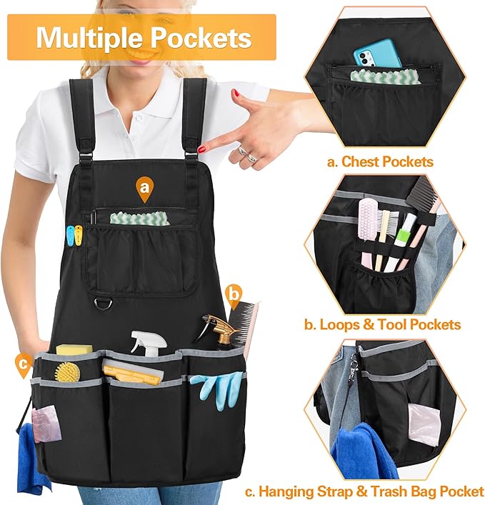 Large Cleaning Apron with Dual Shoulder Straps, House Cleaning Apron with Multiple Pockets for Housekeeping Work Supplies, Water-resistant Cleaning Caddy Apron for Women & Men (Apron Only)