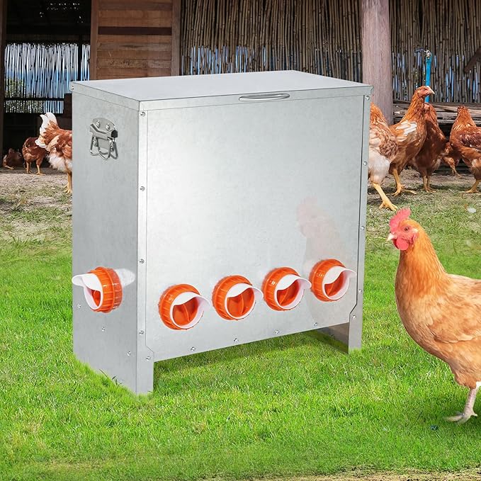 Automatic Chicken Feeder No Waste Large Capacity 85lbs 6-Ports Metal Poultry Feeder with Pull Handle for Chickens Geese Ducks Poultry Coop Weatherproof Design