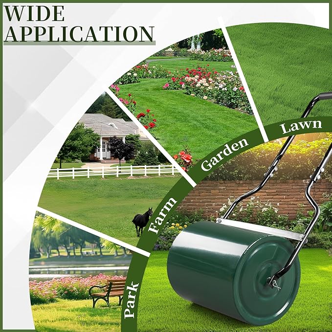 16in Heavy Duty Steel Lawn Roller,Manual Hand Lawns Roller,Water or Sand Filled Garden Rollers,Push/Tow-Behind Yard Rollers,with U-Shaped Handle,for Garden Yard Park Backyard Farm (Green & Black)