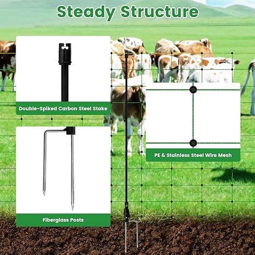Electric Fence Netting, Portable Livestock Fencing for Sheep, Cattle, Net Fencing Kit with 14 Posts Double Spiked, Movable Poultry Netting for Backyards, Homesteaders, Farms Ranches (164 * 35.43)