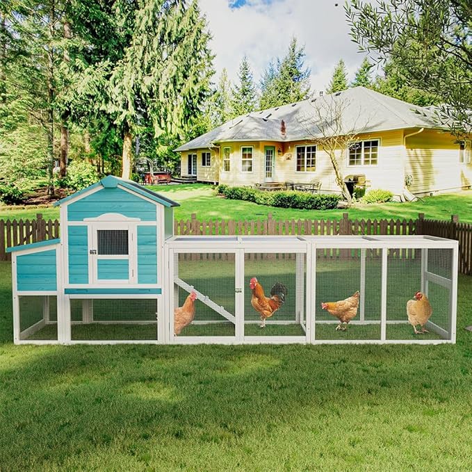 123" Large Wooden Chicken Coop with Run for 4–6 Chickens, Outdoor Hen House with Nesting Box, Sliding Tray, Ramp and Lockable Doors, Weather-Resistant Poultry Enclosure for Backyard, Farm,Blue