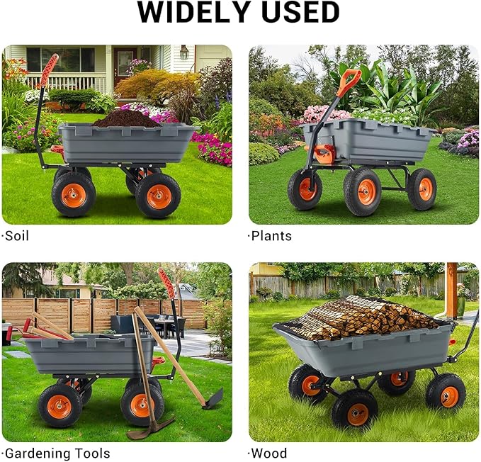 Garden Dump Cart 900 LB Heavy Duty,10" Pneumatic Tires & 180° Adjustable Handle with Quick Release, Utility Yard Wagon for Farm and Outdoor Use