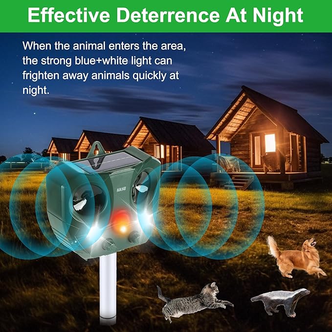 2025 Solar Ultrasonic Animal Repellent Outdoor Indoor, Waterproof Motion-Activated Deterrent Repel Deer Cat Dog Bird Rabbit Squirrels Raccoon Skunk Coyote with Flash Lights for Garden Yard Farm