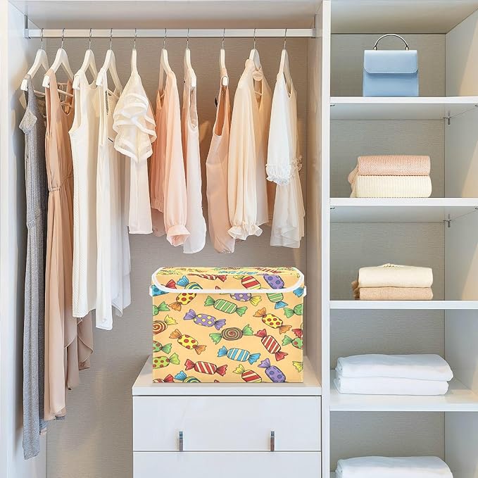 Colorful Candy Pattern Storage Bins with Lids Foldable Storage Basket with Handles Collapsible Large Fabric Organizer Containers for Clothes Shelves Closet Office Home