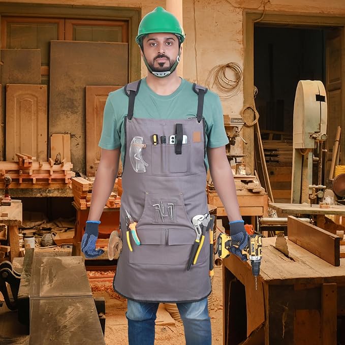 Woodworking Apron for Men - 9 Reinforced Pockets Durable Canvas Padded Cross Straps - Woodworking Gifts for Men