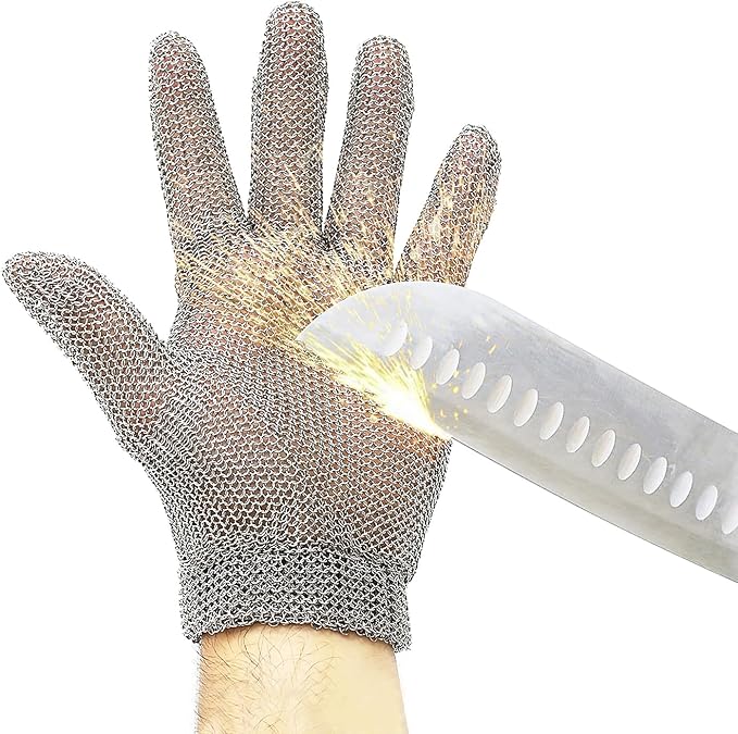 Chainmail Gloves for Cutting Meat&Food,Highest Level Cut Resistant Gloves Food Grade,Spring Wristband,Stainless Steel Metal Mesh Glove,Safety Work Cut Proof Glove for Chef/Butcher (XL)