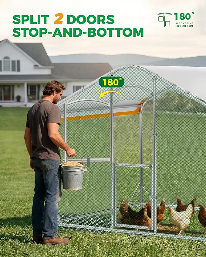 Large Metal Chicken Coop with Run, 6.3FT Walk-in Chicken Run for Yard with Waterproof & Anti-UV Cover, Spire Roof Outdoor Poultry Cage for Chickens Ducks Rabbits Backyard Farm