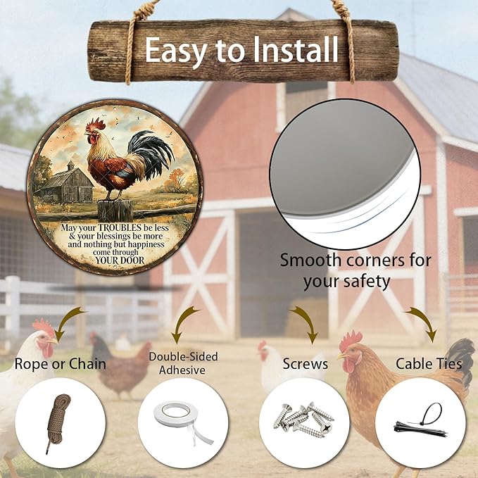 Rooster Kitchen Wall Decor Round Chicken Metal Signs Farm Rooster Crowing Sign Welcome To My Mother Kitchen Home Fence Wall Decor Vintage Chicken Coop Tin Poster 12 Inch