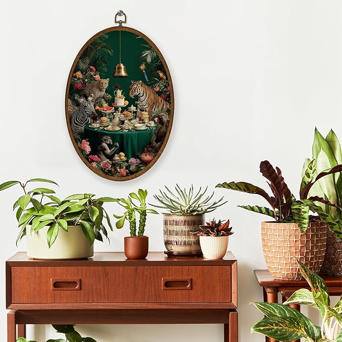 WULQYING Tropical Jungle Animal Wall Art Decor, Moody Maximalist Oval Framed Canvas Art Prints, Eclectic Wild Animals Tea Party Wall Hanging Decor for Home Kitchen Bedroom Living Room, 8.6x11.4 Inches