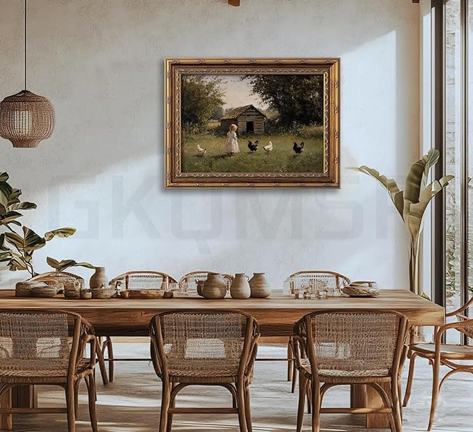 Vintage Gold Framed Farmhouse Chicken Wall Art Retro Country Farm Girl and Chicken Canvas Wall Decor Retro Rustic Poster Artwork Farmhouse Animal Picture for Home Living Bedroom 16x24in