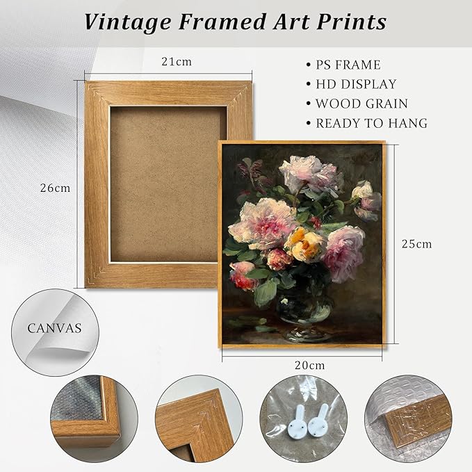 Vintage Flower Pictures Pink White Floral Paintings Flowers in Vase Wall Art Blooming Flowers Poster Antique Still Life Painting Pink Yellow Flower Artwork Pink Rose Canvas Wall Art 8x10inch Framed