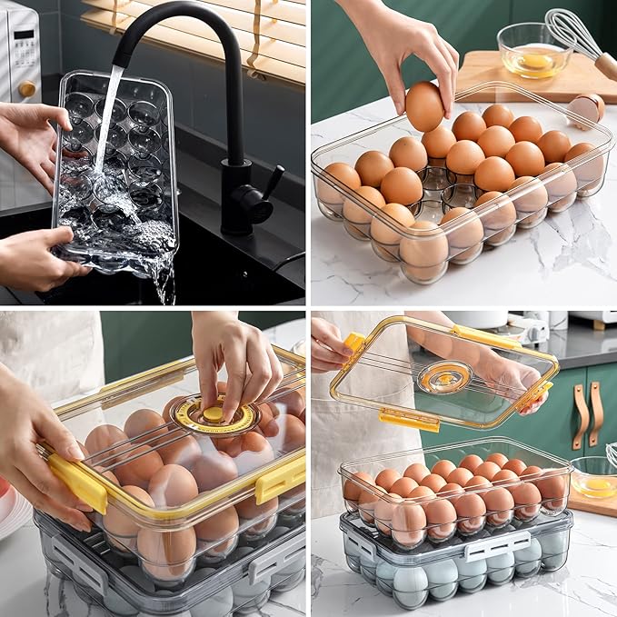 CottonColors Egg Holder for Fridge 18 Container for Refrigerator Plastic Organizer for Refrigerator Stackable Storage With Lids for Timer