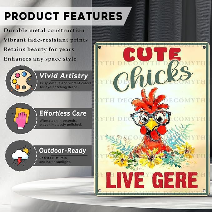 Vintage Chicken Sign Cute Chicks Live Here Metal Country Chicken Hen Rooster Tin Signs Funny Coop Signs Outdoor Decor for Lovers House Decor 12 * 16inch