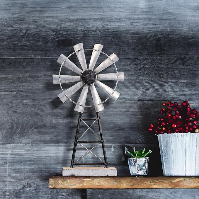 MODE HOME Charming Tall Galvanized Windmill Decor, Metal Windmill Accent for Farmhouse Shelf Decor and Living Room, Adding a Touch of Rustic Farmhouse Decor to Your Home Space