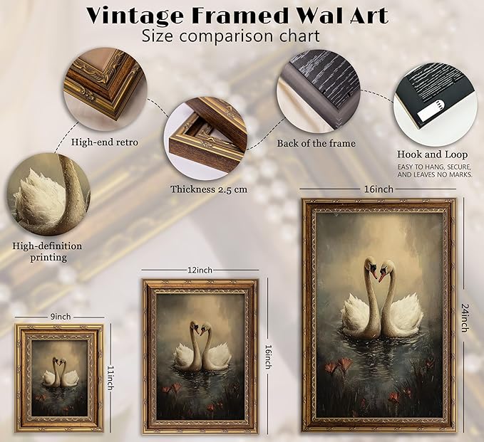 Vintage Gold Framed Wall Art Vintage Swan Canvas Wall Decor Retro Moody Swan Oil Painting Prints Farmhouse Antique Animal Picture Poster Artwork for Home decor Living Room Bedroom Hallway 9x11in