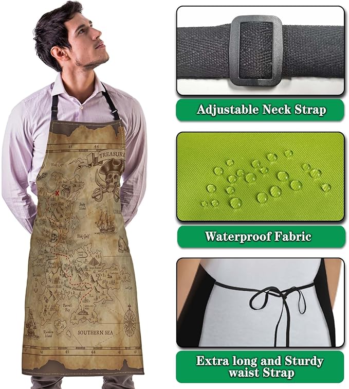 Baking Apron for Women Pirate Treasure Map Fun Aprons for Men for Kitchen Cooking Restaurant BBQ Painting Crafting 27” (W) x 31” (H), Waterproof Aprons