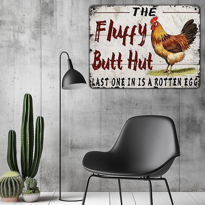 Funny Chicken Coop Metal Tin Sign 12x8 Inch Fluffy Butt Hut Last One In Is A Rotten Egg Chicken Tin Sign Chicken Coop Poster Home Kitchen Garden Bar Restaurant Coffee Are Wall Decor