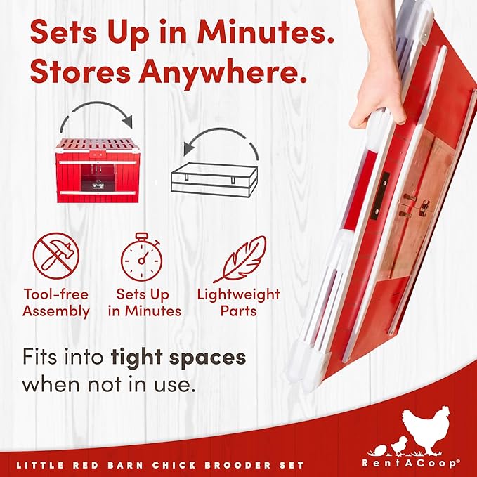 RentACoop Little Red Barn Chick Brooder Set | Durable, Lightweight, Easy-Clean, Multipurpose | with Heating Plate, Feeder, Waterer, Absorbent Hatchling Liners, Jute Liners, LED Light, Security Latch
