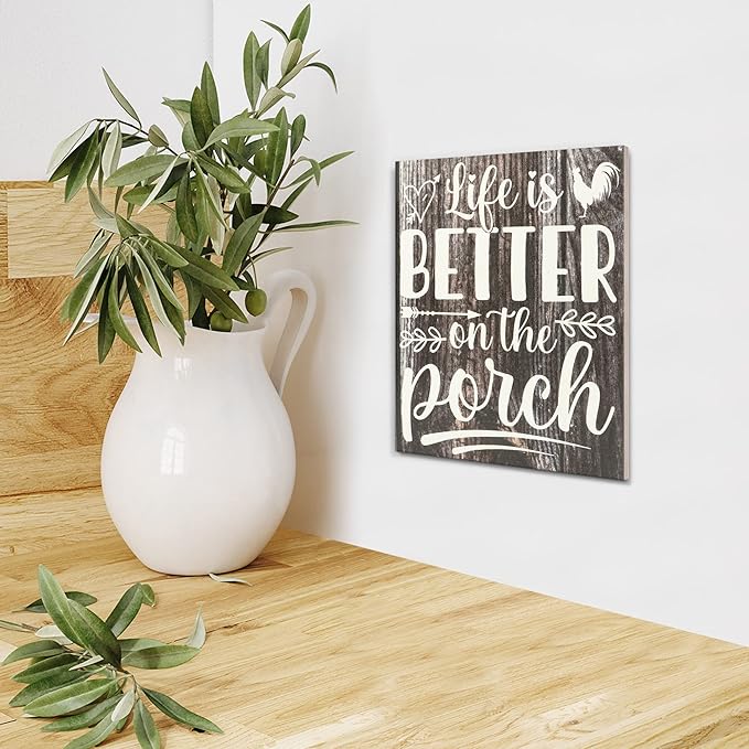 JennyGems Life is Better on the Porch Wooden Sign, Farm Life Decor and Wall Hanging, Brown Rustic Color, Made in USA