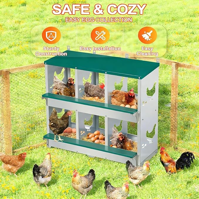 Garvee Large Metal Chicken Nesting Boxes for Hens, 6 Compartment Galvanized Steel Nesting Box, Includes 4 Fake Eggs & 10 Soft Nest Pads Pads, Wall Mount or Freestanding for Coop & Farm