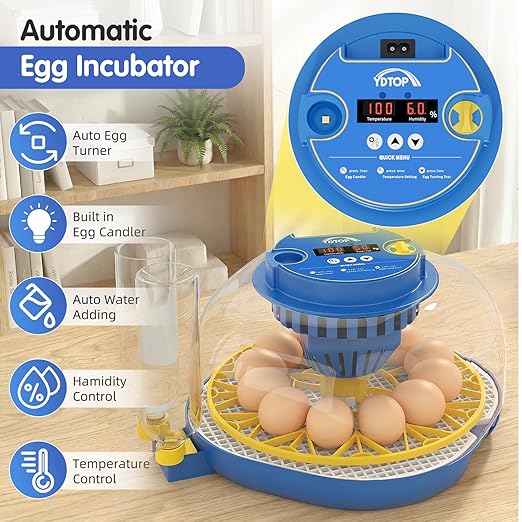 Chicken Egg Incubators for Hatching Eggs, 12 Egg Incubator with Automatic Egg Turning and Humidity Control – Chicken Incubators for Hatching Eggs with 360° View/Candler/Water Bottle Refill/Air Vent