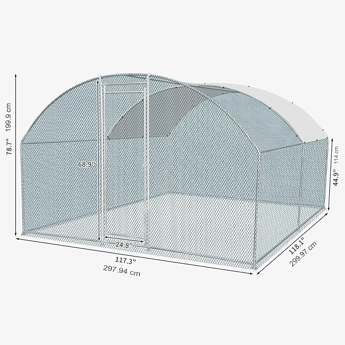 Chicken Coop Walk-in Chicken Run Heavy Duty Poultry Cage with Waterproof Cover, Large Metal Outdoor Pet Rabbit Duck Dog House for Small Animals,Backyard, Yard, Farm, Patio,Silver 10'Lx10'Wx6.6'H