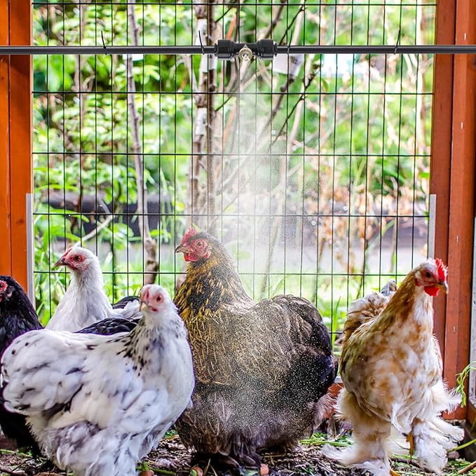 Pre-Assembled Chicken Coop Misting System for Cooling - Leak-Resistant Mist Hose Kit for Summer Poultry Heat Relief, Included 39.4ft Line, 3/4" Adapter, 11 Brass Nozzles, Filter Gasket Accessories