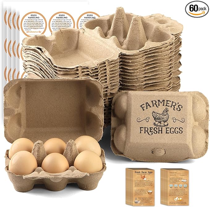 60 Pack Egg cartons 2x3 Style Half dozen egg cartons Bulk 6 Count Reusable Paper pulp egg storage tray Sturdy egg containers with instruction cards and stickers for Family Farm Market