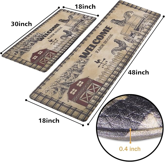 ASPMIZ Farmhouse Kitchen Rugs Set of 2, Rooster Kitchen Mats Cushioned Anti Fatigue, Waterproof Kitchen Rug Non Slip Washable, Country Kitchen Floor Mats for Sink Office,18'' x 48'' + 18'' x 30''