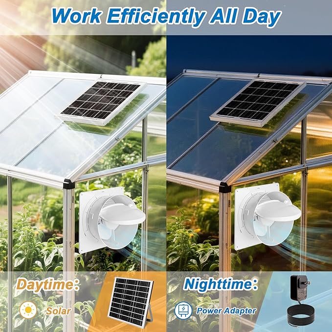 Solar Exhaust Fan – Compact for Small Spaces, Brushless Quiet 6" Ventilation Vent Fan, 25W Solar Panel with Bracket, Anti-Backflow Valve; for Chicken Coops, Pet Houses, Sheds, Greenhouses (White)