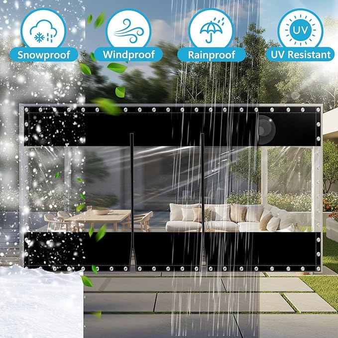 19.69 MIL Clear Vinyl Patio Enclosure with Double Zippered Entry,8'H X 15'W Heavy Duty Waterproof Transparent Tarp with Grommets,21.16oz Outdoor Vinyl Curtains for Patio Gazebo Porch Balcony Pergola