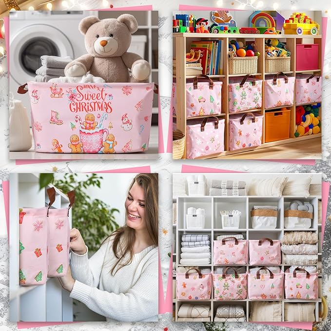CHENGU 6 Pack Christmas Storage Basket Pink Collapsible Christmas Basket for Gifts Gingerbread Man Holiday Decor Large Gingerbread House Bin Foldable Xmas Tree Box with Handle for Bedroom Office Home